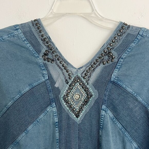 Free People // Blue Boho Focus On The Center Top Small Beaded Tunic M - Picture 7 of 7